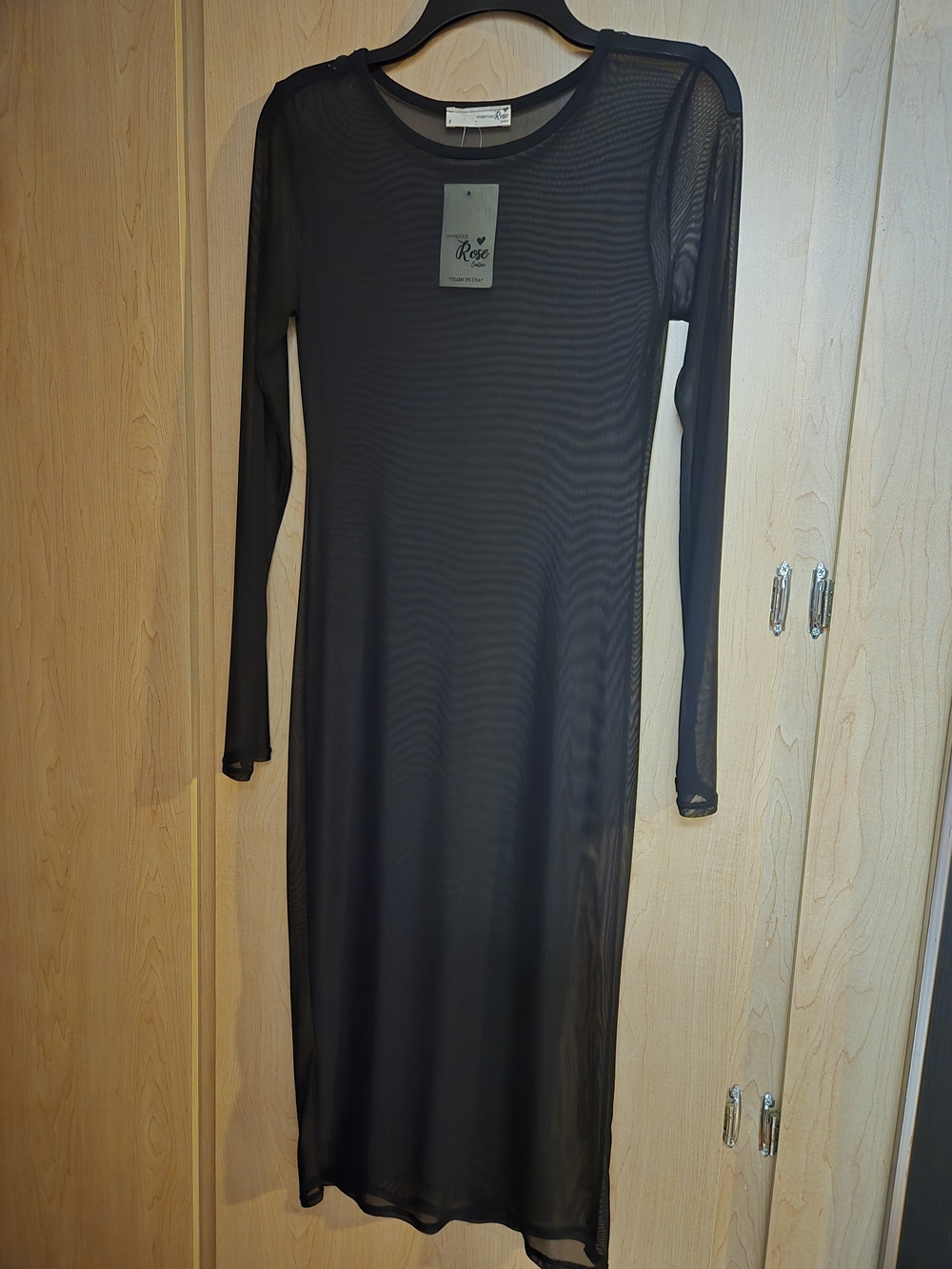 Semi-Sheer Long Sleeve Midi Dress in Black